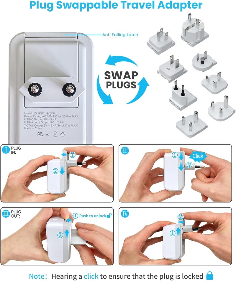 VINTAR طقم محول السفر العالمي، محول طاقة دولي مع 3 منافذ USB (2 USB C) و 2 AC، ملحقات قابلة للفصل من النوع A، B، C، D، E/F، G، I، M، محول للهند/جنوب أفريقيا/أوروبا/المملكة المتحدة - Image 5